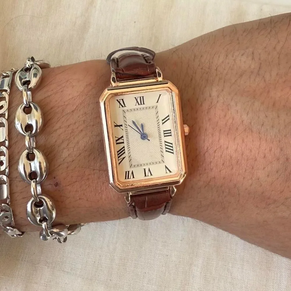 y2k style cute rectangle brown leather luxury watch